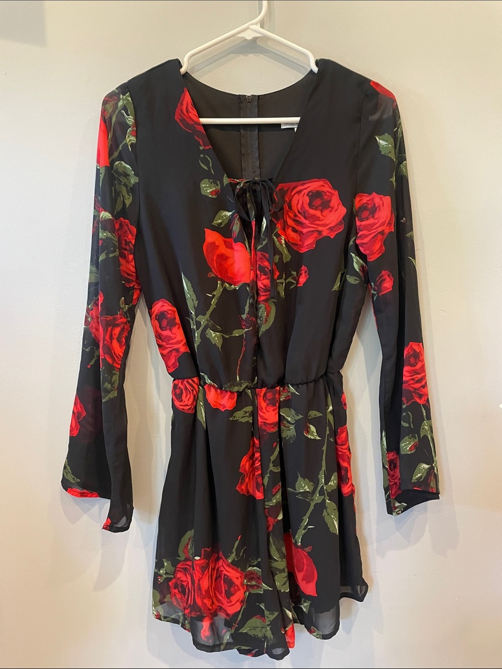 Black Floral Tie-Neck Long Sleeve shorts romper with Red Rose Print